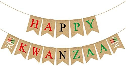 Rainlemon Jute Burlap Happy Kwanzaa Banner Rustic African Heritage Holiday Party Mantel Fireplace Decoration Supply