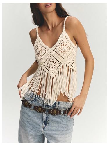 SweatyRocks Women's Fringe Crochet Tops Summer Boho Hollow Out Knitted Sleeveless V Neck Cami Top3