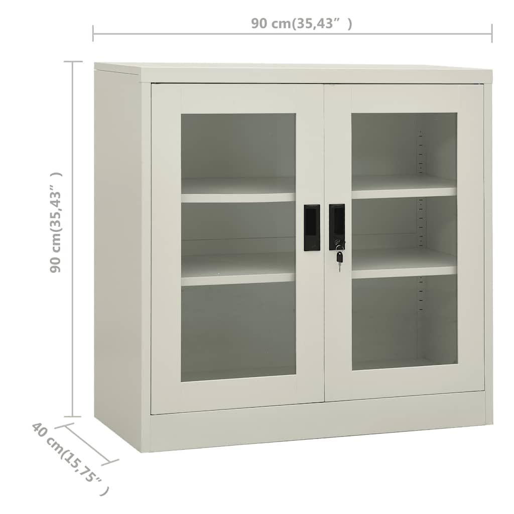 Aktenschrank Metall mit Glastüren 90x40x90 cm Hellgrau, Büroschrank abschließbar mit Schloss und 2 verstellbaren Einlegeböden, Stahlschrank für Dokumente und Ordner