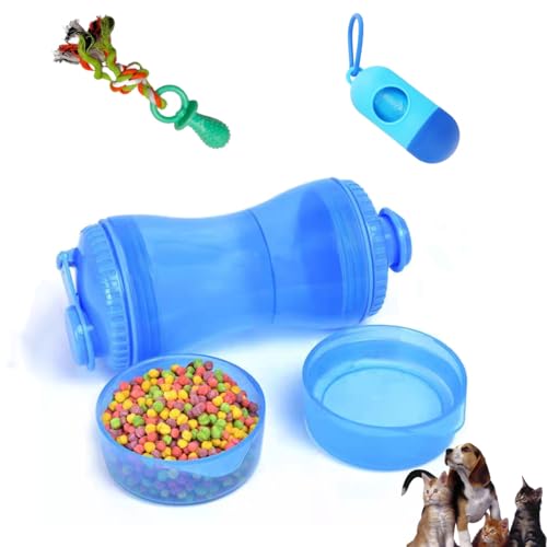 SESAWILLIAM Pets Water Bottle with Food Container,Travel Puppy Water Bowl,Portable Pet,Dispenser,Dog Stuff Accessories Items,Cat Walking and Hiking Dog Gift,with 1DogPoop Bags;1 Pet Toys 3PCS