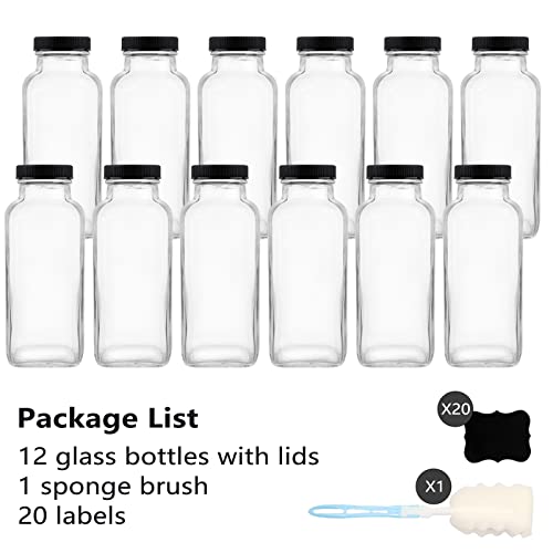 GUANENA 12 Pack Glass Drink Bottles, 12 OZ Vintage Square Water Bottles with Lids, Juice Bottles Beverages Containers for Milk, Kombucha, Smoothies by GUANENA - Image 7