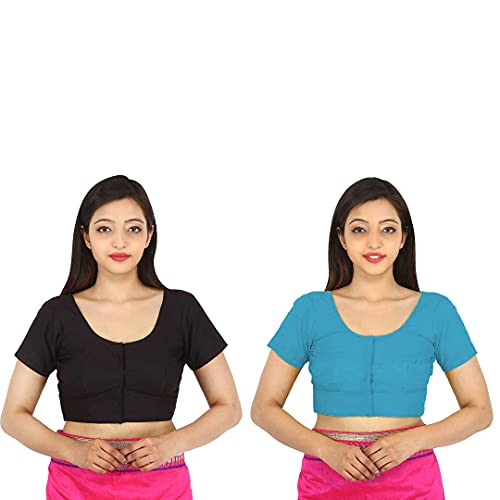 Image of Namita Women's Rubia Cotton Half Sleeve Readymade Blouse (U-COT-COM-2-BLACK-CYAN-36 Black, Cyan 36)