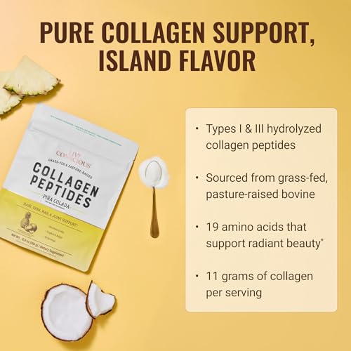 Image of Live Conscious Collagen Peptides Powder - Pina Colada Flavor - Type I & III for Hair, Skin, Nails & Joint Support - Hydrolyzed, Grass-Fed Bovine - Women & Men, 30 Servings - 12.8oz