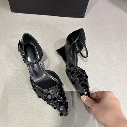 Women's Pointed Toe Sandals Wedge Heel Adjustable Strap Patent Leather Pumps Casual Party Wedding Dressy Shoes with Sequins2