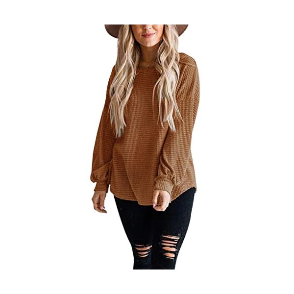 MEROKEETY-Womens-Long-Balloon-Sleeve-Waffle-Knit-Tops-Crew-Neck-Oversized-Sweater-Pullover MEROKEETY Women's 2023 Fall Long Balloon Sleeve Waffle Knit Tops Crew Neck Oversized Sweater Pullover, Brown, S