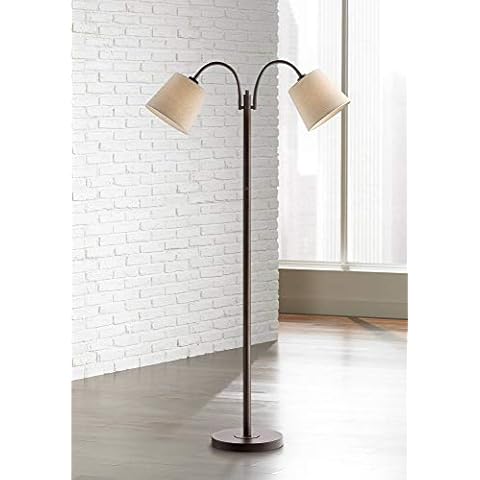 360 Lighting Seneca Modern Standing Floor Lamp 56" Tall Dark Bronze Brown Twin Arm Adjustable Gooseneck Neutral Cotton Drum Shade for Living Room Reading House Bedroom Home Cover