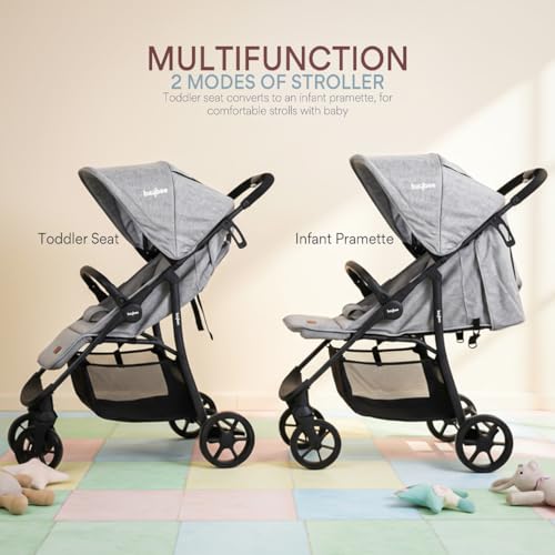 Image of BAYBEE Baby Stroller for 0 to 3 Years Foldable Travel Pram, Multifunctional Toddler Seat & Infant Pramette with 360 Wheels, Canopy, Recline Seat, 5 Point Safety Harness & Storage Basket (Silver)