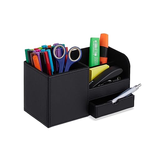 Relaxdays Schreibtisch Organizer, Büroorganizer mit 3 Fächern & Schublade, HBT: 12 x 22,5 x 11 cm, Stiftehalter, schwarz