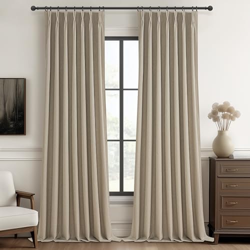 Image of Extra Long Custom 102 Inch Viral Curtains with Pinch Pleat Clips, 100% Blackout Curtains for Bedroom Weather Burg Thermal Insulated Noise Cancelling Back Tab GreyBeige Boho Drapes 2 Panel Set