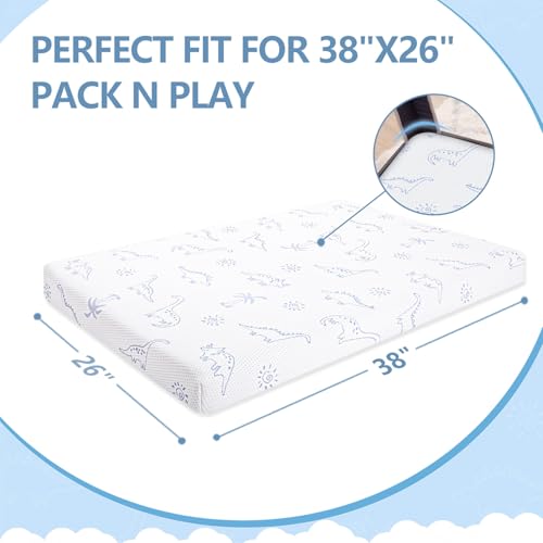 Image of Mochen Pack and Play Mattress Pad, Dual-Firmness Memory Foam Pack N Play Mattresses for Baby, 38 inchx26 inch Portable Trave Pack N Play Mattress with Breathable Dinosaurs Cover, Removable & Washable