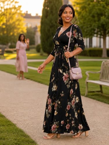 Image of SUZONANA Plus Size Dresses for Women Floral Print Maxi Dress Flowy 3 /4 Sleeve with Belt