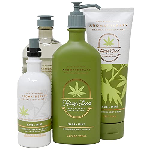Bath & Body Works Aromatherapy Hemp Seed with Natural Essentials Oils - Sage + Mint - Deluxe Gift Set - Body Lotion - Body Cream - Essential Oil Mist and Body wash + Foam Bath - Full Size Bath & Body Works Aromatherapy Hemp Seed with Natural Essentials Oils - Sage + Mint - Deluxe Gift Set - Body Lotion - Body Cream - Essential Oil Mist and Body wash + Foam Bath - Full Size