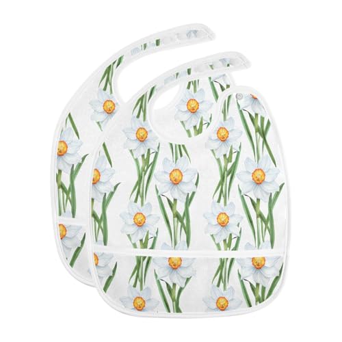 MCHIVER Flower Leaves White Baby Bibs for tag1 Waterproof Feeding Bib Apron with Food Cather Adjustable Cotton Food Eating Bib 2 Pack