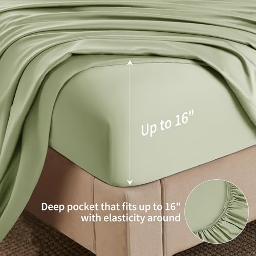 Image of Shilucheng 6 Piece Full Sheet Sets, Cooling Sheets, Blend Rayon Derived from Bamboo, Deep Pocket Up to 16 inch, Breathable & Soft Bed Sheets, Hotel Silky Bedding Set, Sage Green