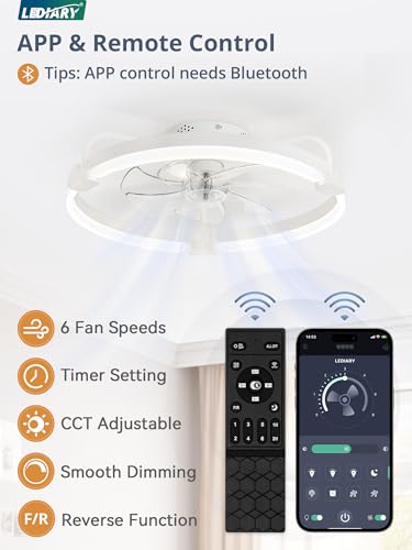 20'' LEDIARY Low Profile Ceiling Fan with Light, 3000-6000K Dimmable Fandelier, 6 Speeds, White Modern Ceiling Fan for B