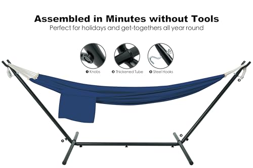 Image of GAFETE Double Hammocks with Stand for Outside, Max 600lbs, (Navy Blue) | Upgraded Spreader Bar, 9FT Heavy Duty & Space Saving Stand, Easy Assemble, Convenient Side Pocket, Indoor & Outdoor, Patio