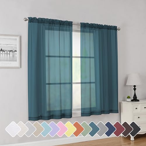 Image of Simplebrand Dusty Blue Short Sheer Curtains 45 Inch Length for Small Windows, Rod Pocket 2 Panels Set Solid Voile Drapes Window Sheer Curtains for Bedroom Bathroom Kids Room Kitchen, 42x45 Inch, 2pcs