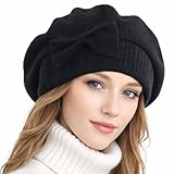 VECRY Lady French Beret 100% Wool Beret Floral Dress Beanie Winter Hat (Bow-Black)