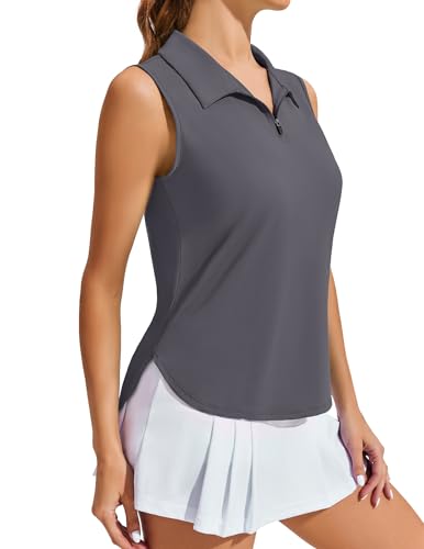 Image of PINSPARK Women Golf Shirts Sleeveless UPF 50+ Tennis Polo V-Neck Quick Dry Athletic T Shirt 1 /4 Zip Collar Workout Tank Top