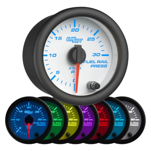GlowShift White 7 Color 30,000 PSI Fuel Rail Pressure Gauge - Compatible with 6.6L Chevy Duramax 2002-2018 & 5.9L / 6.7L Dodge Cummins Diesel 2003-2018 - White Dial - Clear Lens - 2-1/16