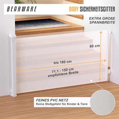 CSL - Schutzgitter Treppe Baby – Baby Schutzgitter für Treppen und Türen – bis zu 180 cm – Kindersicheres Absperrgitter – Treppenschutzgitter ausziehbar - Sicherheitsgitter Safety Gate