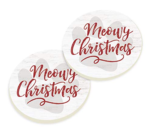 Meowy Christmas Rosy Red 2.75 x 2.75 Absorbent Ceramic Holiday Car Coasters Pack