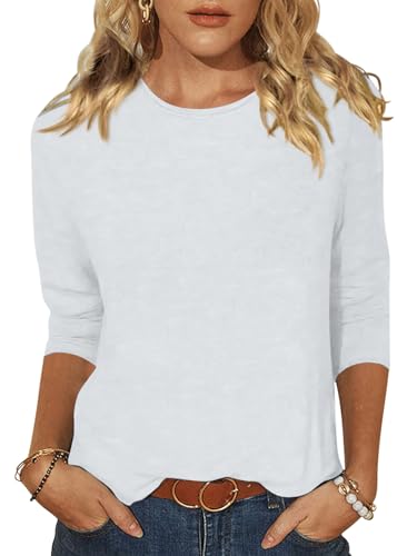 EADINVE Women's Casual 3/4 Sleeve T-Shirts Round Neck Cute Tunic Tops Basic Tees Blouses Loose Fit Pullover White