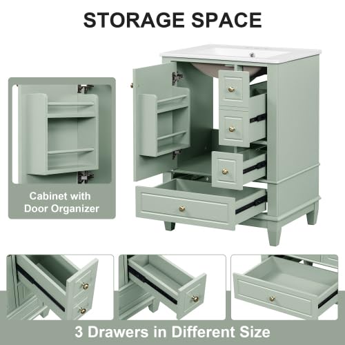 Image of Bellemave Bathroom Vanity with Ceramic Sink & 3 Drawers, 24 inch Bathroom Cabinet with Storage Shelves & Solid Wood Base, Freestanding Vanity Cabinet with Organizer (Light Green /24)