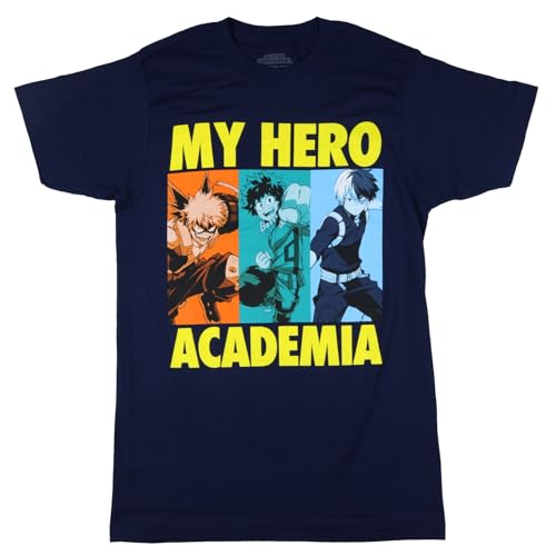 Bioworld My Hero Academia Shirt Men's Katsuki Izuku Shoto Short Sleeve Graphic Tee (X-Large) Navy Blue