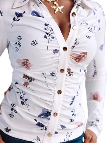 CHICME Womens Floral Print Button Down Shirt 2025 Long Sleeve Ruched Front Slim Fit Blouse Casual Office Tops4