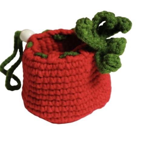 Crochet Handmade Tomato Pouch Drawstring Mini Handbag Handwoven Small Bag Coin Purse Wallet Earbuds Case Key fob lipstick storage Gift for women men girls boys kids
