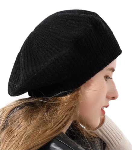 Image of Cashmere Berets Hats Women Winter Warm Merino Wool Knitted Oversized Beige Beanie