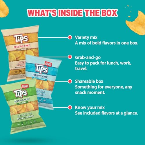 Image of TIPS Potato Chips - Snack Pack - Tallow Cooked - Seed Oil Free & Gluten Free - Kettle Style Potato Chips Made with Potatoes, Beef Tallow, and Sea Salt (5oz 4 Pack, Variety Pack)
