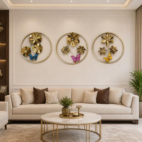 Image of SHREE 'O' GREEN TECH - Round Large Gold Metal Wall Decor Set of 3 Floral Flower Artwork with Multicolor Butterfly Decorative Wall Hanging for Home (19 x 19 Inch)