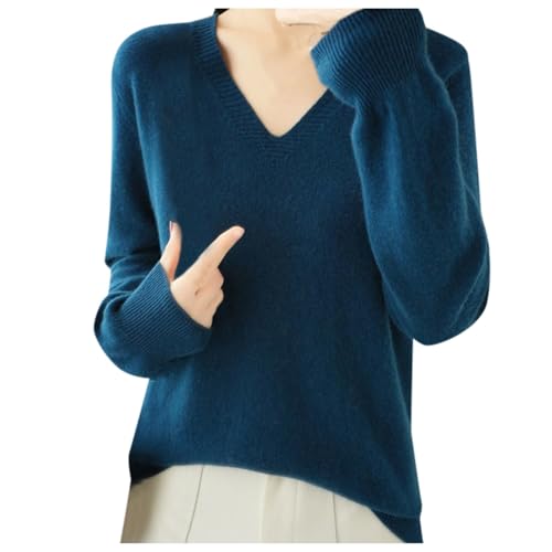 Generisch Evening Fashion Large Sizes Women's Plain Long Sleeve Knitted Jumper Top Wool Pullover Pullover Basic Jumper for Women Deep Neck Women, darkblue, L