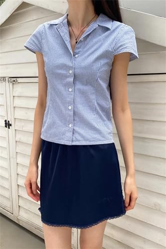 Image of Y2k Girls Vintage Coquette Button Down Shirt Women Short Sleeve V-Neck Slim Fitted T-Shirt Cute Blouse Crop Top