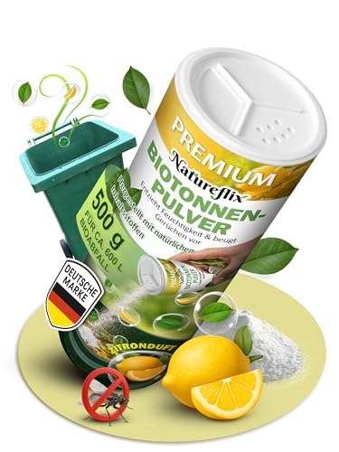 Natureflix Organic Bin Powder with Lemon Fragrance, Natural Powder Prevents Moisture and Mould, Biodegradable for Compost and Biowaste (1 x Shaker Can 500 g)