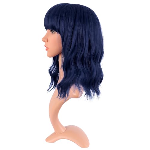 Image of MapofBeauty 14 Inch /35 cm Short Wavy Curly Women Fresh Bright Synthetic Ordinary Flat Bangs Bob Wig (Midnight Blue)