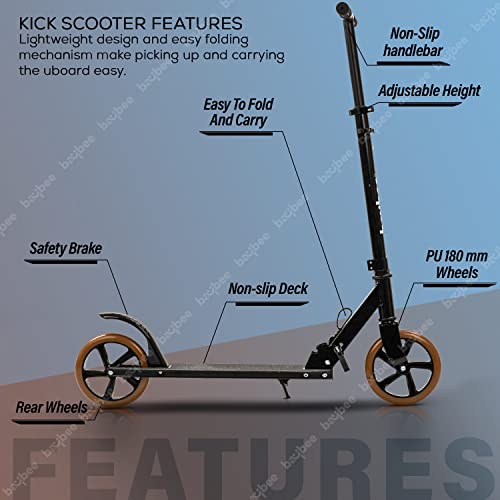 Image of Baybee City Partner Skate Scooter for Kids & Adults, 2 Wheel Foldable Kids Scooter with 3 Height Adjustable, Runner Scooter with Large PU Wheels | Kick Scooter for Kids Adult 8+ Years Boy Girl (Gold)