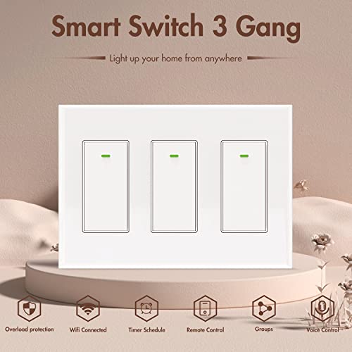 3 Gang Smart Switch, Wifi Light Switch In-Wall Wireless Compatible With Amazon Alexa Home, Timing Function, Suit For 1/2/3/4 Gang Switch Box, Neutral Wire Require Micmi (3 Gang Button Switch) #TOP1