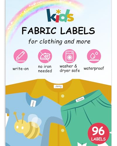 No-Iron Fabric Labels, Kids Clothing Labels Self-Stick Write-On, Name Labels for Daycare, Camp, School, Toys, Organizing, Washer & Dryer Safe, Pack of 96, 2 Sizes