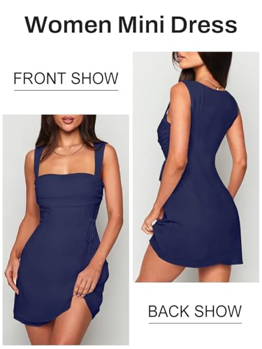 Image of Women's Sexy Ruched Mesh Midi Short Dresses for Women Square Neck Fitted Elegant Club Party Cocktail Dress