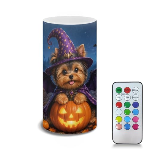 Image of Poceacles LED Flameless Candles Battery Operated Candles with Remote Control Timer Flickering Wick Pillar Tealight for Home Outdoor Halloween Decor, Wizard Hat Yorkie Dog Pumpkin Print