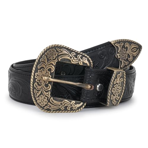 Image of Western Leather Belt for Men & Women, Floral Embossed Cowhide, Durable Rodeo Style for Jeans, Casual Wear & Country Outfits