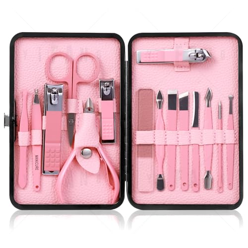 Manicure Set Pedicure Kit Nail Clippers Set Fingernail Clipper Set Ingrown Toenail Nail Kit Scissor Nail Trimmer Kit 15 Pieces Travel Nail Kit Care Grooming Tools with Fine Case Fine GIF (Pink_15in1)