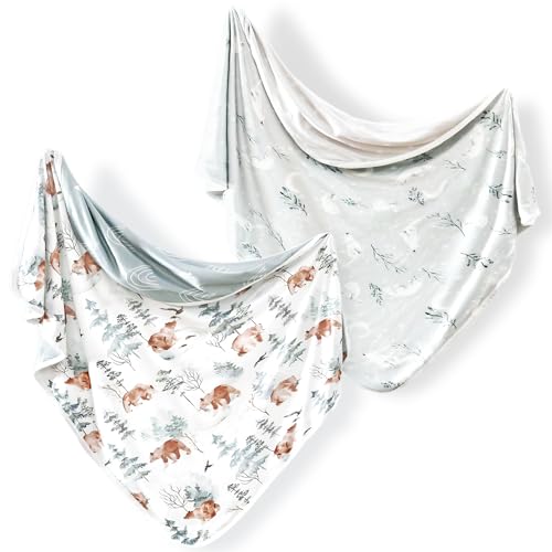 Image of GRSSDER Baby Blankets 2 Pack Super Soft Jersey Knit Swaddle Blankets for Baby Girls and Boys, Double Layer Receiving Blankets 34 x 44 Extra Large for Swaddling, Bear & Snow Wolf