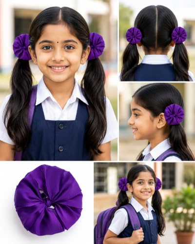 Image of Readymade Ribbon for School Girls - Soft Satin Bow Hair Accessory - Easy to Wear, Stylish & Neat Look - Ideal for School Uniforms bow in girls & Daily Use - Pack of 8 /School Ribbon in Kids / Purple Colour (purple, medium)