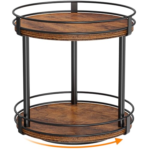 Snughome Rotating Spice Rack, 2 Tier Lazy Susan Organizer, Wood Kitchen Countertop Organizer, Brown Lazy Susan Turntable for Cabinet, 10.2