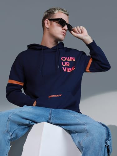 Image of Hubberholme Men Navy Blue Cotton Long Sleeves Regular Hood Sweatshirts HHMSSW23001