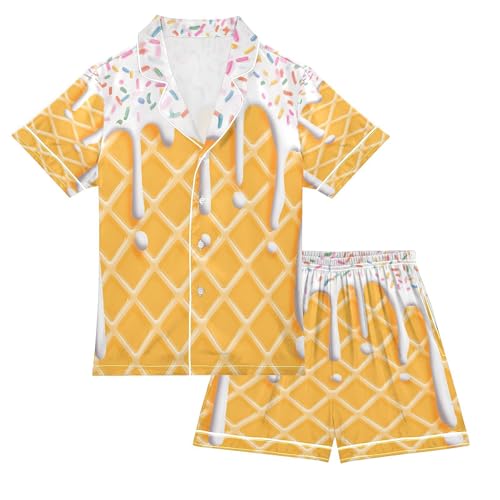 ALAZA Ice Cream Hipster Stylish Satin Pajamas Set Short Sleeve Button Down Sleepwear Summer Pjs 2 Piece